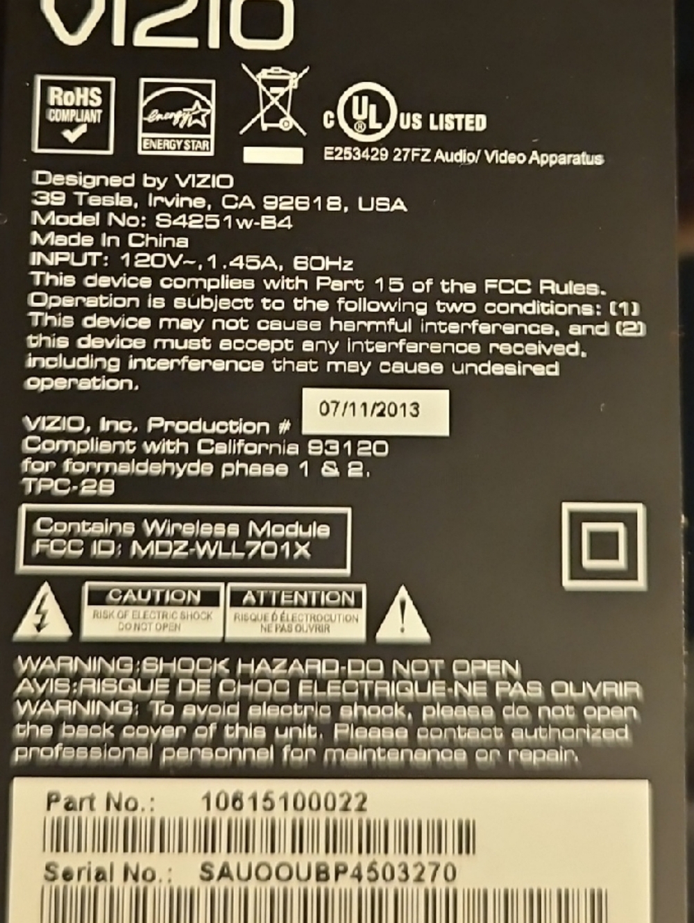 Vizio S4251wB4 5.1 Wireless Subwoofer And Satellite Speackers.